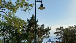 A paved walkway with a bench, surrounded by trees and a street lamp. - Ostseeresidenz Gorki Park, Whg. 08 with sauna and heated indoor pool (Heringsdorf)