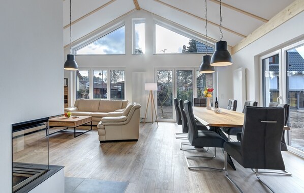 Télévision, cheminée, chaîne hi-fi