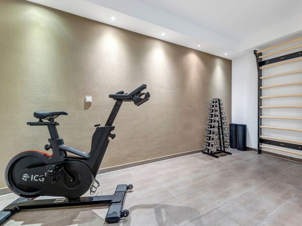 An indoor gym with an exercise bike, a rack of dumbbells, and a wall-mounted pull-up bar. - Residenz am Balmer See, apartment 14 in Balm - 4-star comfort with panoramic lake view (Balm)