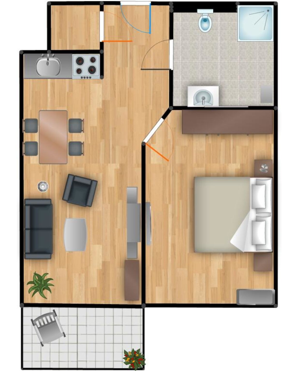Un appartement de deux chambres comprenant une cuisine, un coin repas, un salon et un petit balcon.