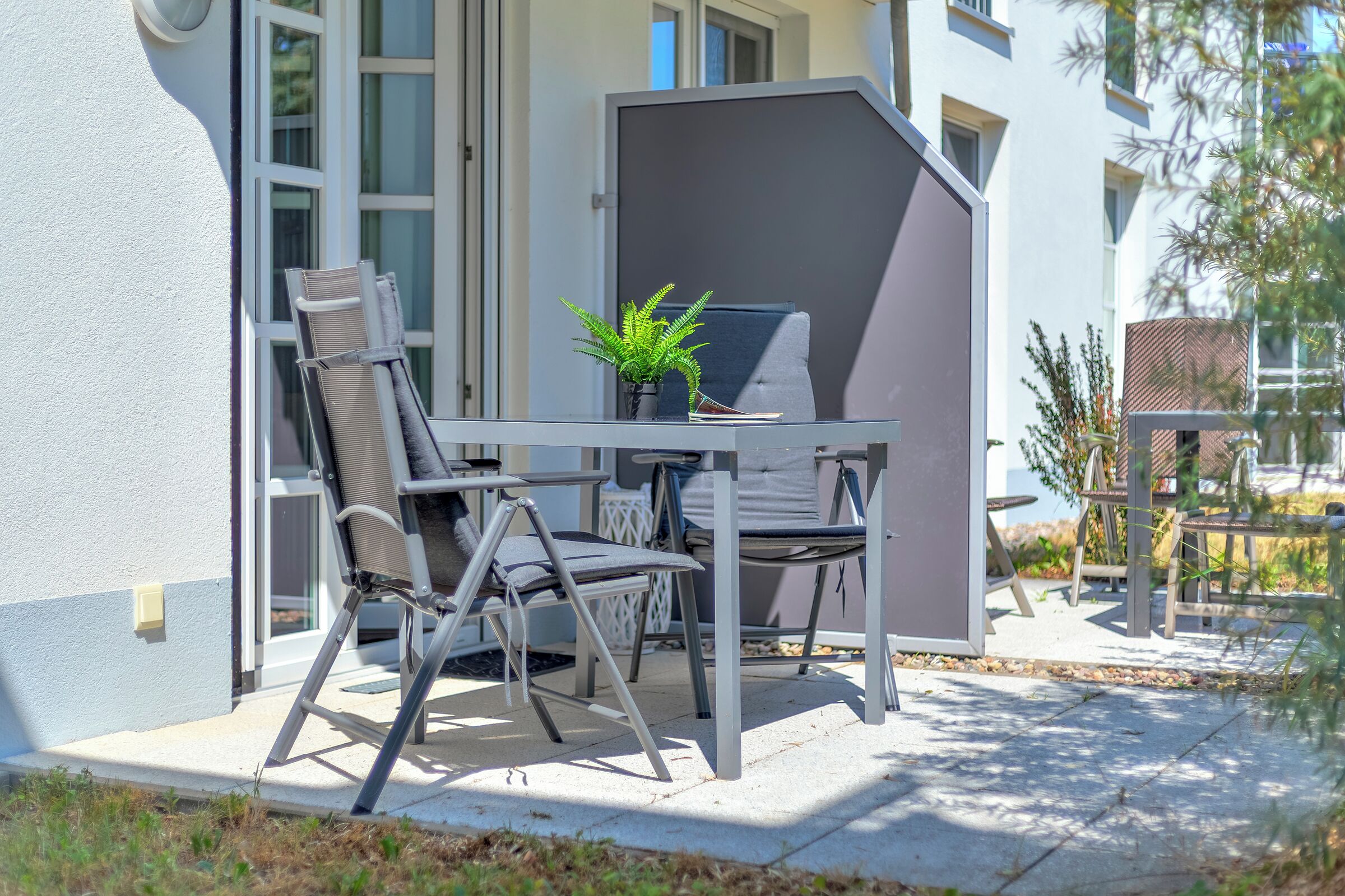 An outdoor seating area with a table and chairs, a potted plant, and a view of a building with large windows.