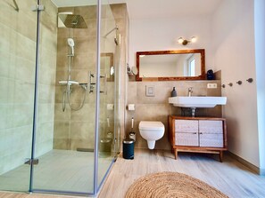 Shower, hair dryer, towels