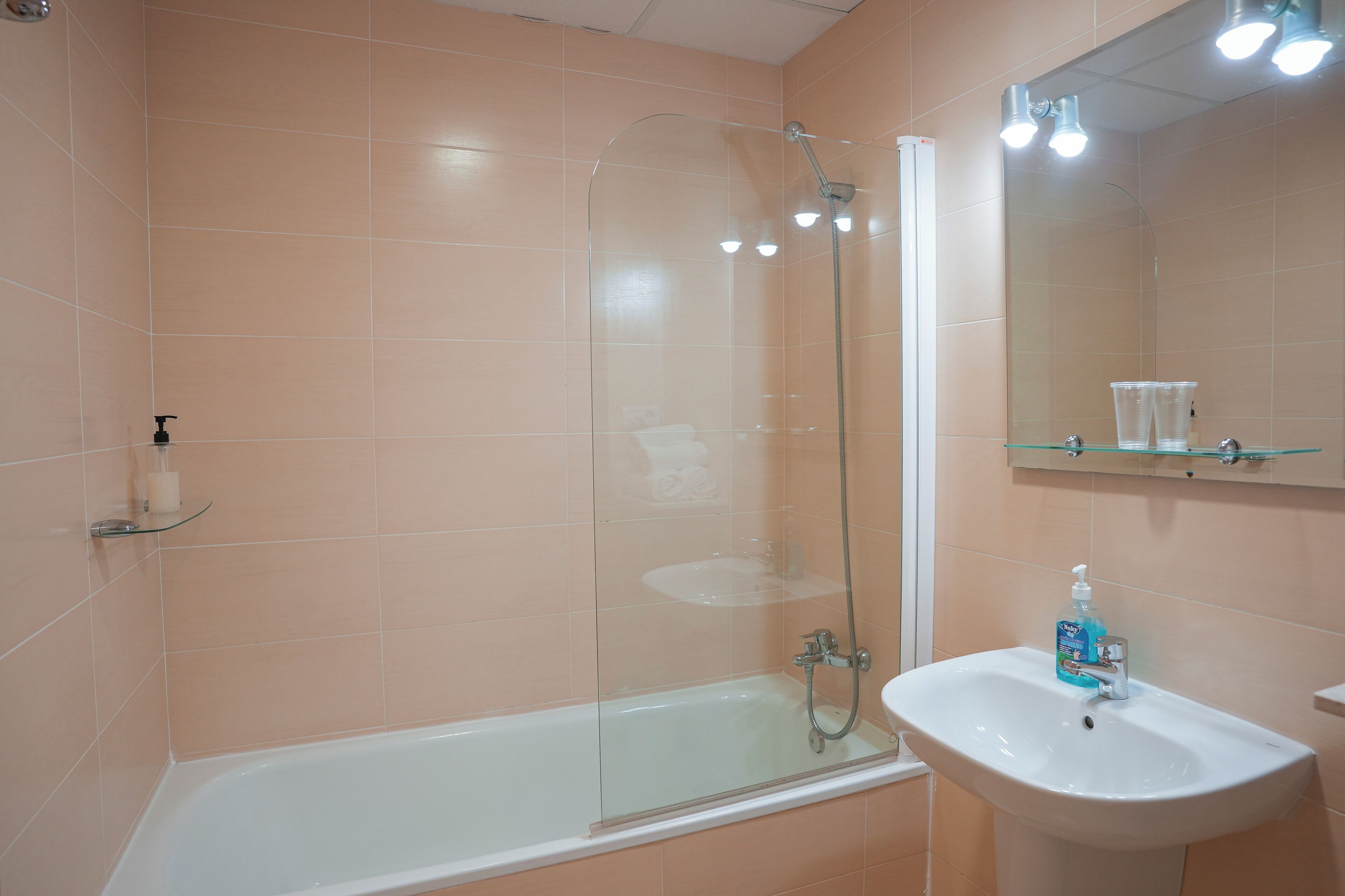 A bathroom with a glass-enclosed shower, a white sink, and a mirror above the sink.