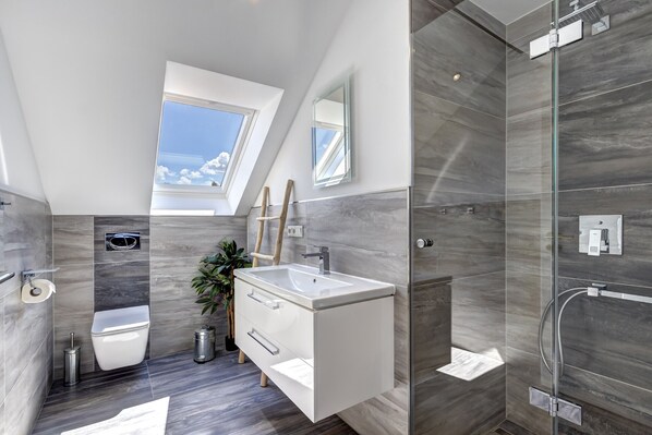 Shower, hair dryer, towels