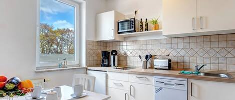Fridge, stovetop, dishwasher, coffee/tea maker