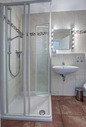 Shower, hair dryer, towels