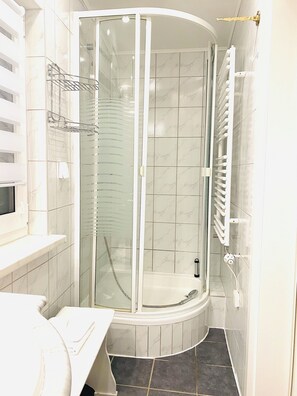 Shower, hair dryer, towels