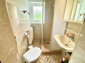 Shower, towels, toilet paper
