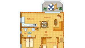 A hotel room layout with a kitchen, two bathrooms, a balcony, and a living area. - House Vincent, apartment 3 in Zinnowitz with balcony, WLAN and 4 beds (Zinnowitz)