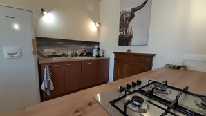 Una cocina compacta con estufa a gas, armarios de madera, un lavabo y un refrigerador.