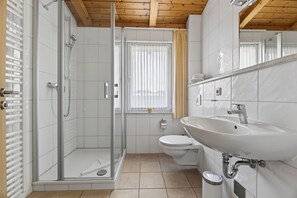 A modern bathroom with a glass-enclosed shower, a toilet, and a sink with a mirror.