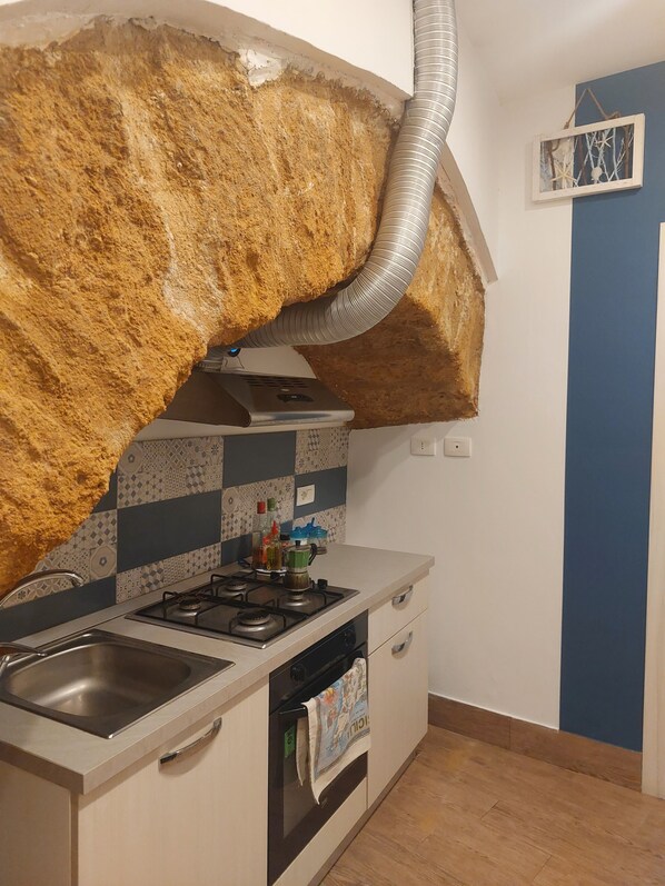 A kitchen with a gas stove, a sink, and a dishwasher. There is a large, textured wall above the stove.