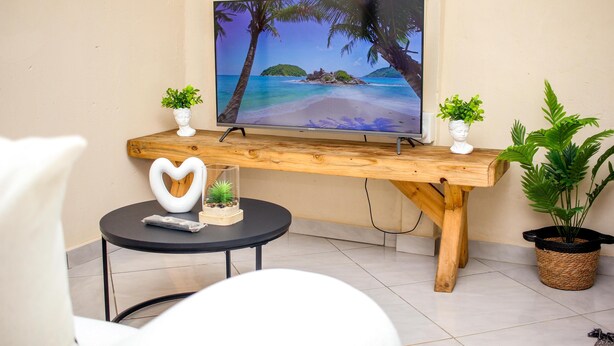 Un téléviseur à écran plat posé sur un meuble en bois, une petite table ronde sur laquelle se trouve un objet en forme de cœur, et deux plantes en pot.