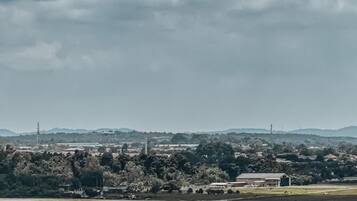 An airplane on a runway with a backdrop of a cloudy sky and distant landscape.