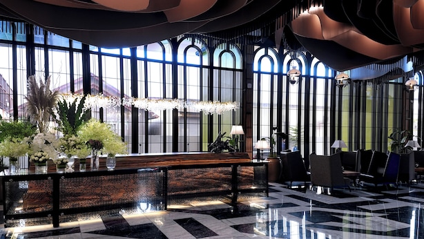 A hotel lobby with a check-in counter, large windows, and modern decor. - 1969 DKelly Hotel  (Ipoh)