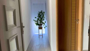 Käytävä, jossa on puinen ovi, ruukussa oleva kasvi ja käytävän päässä valkoinen ovi.