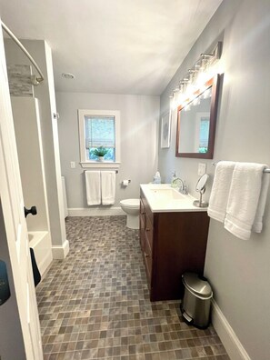 Hair dryer, towels, soap, shampoo