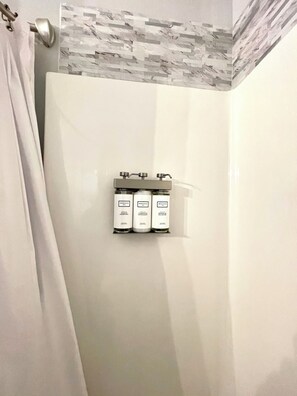 Hair dryer, towels, soap, shampoo
