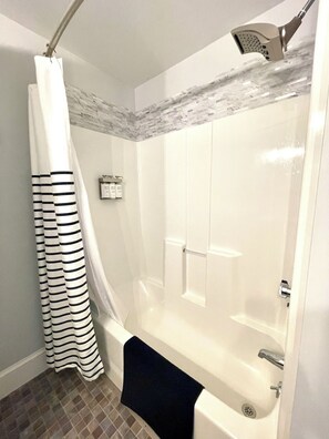 Hair dryer, towels, soap, shampoo