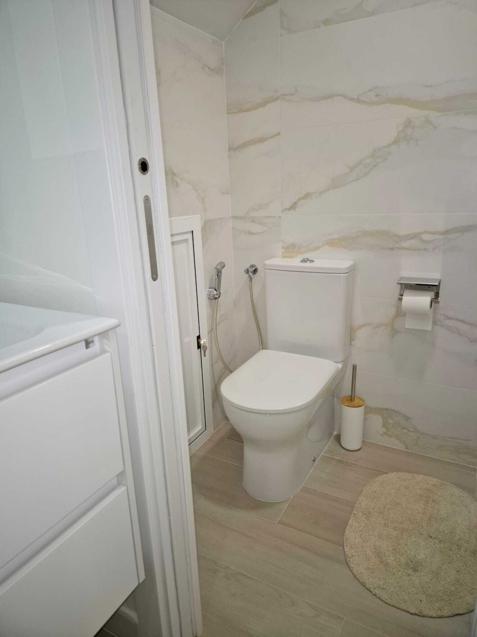 Un baño con inodoro, ducha y dispensador de papel higiénico.