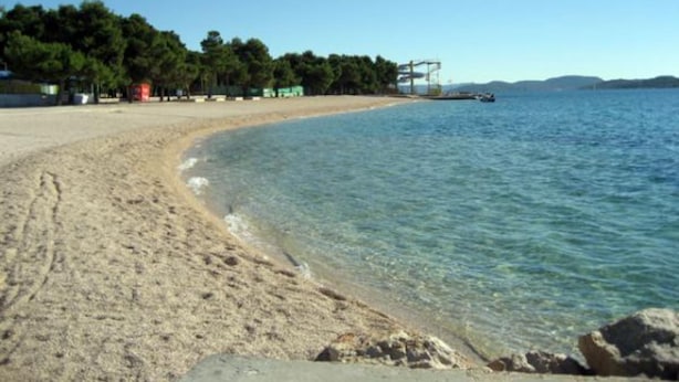 Ein Strand mit klarem Wasser, sandigem Ufer und Bäumen.
