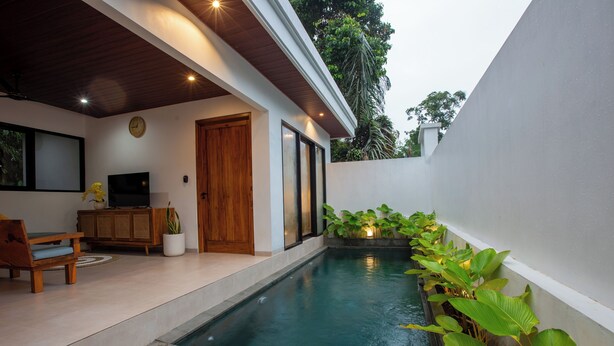 A modern pool area with a wooden deck, a TV, and a wooden cabinet.