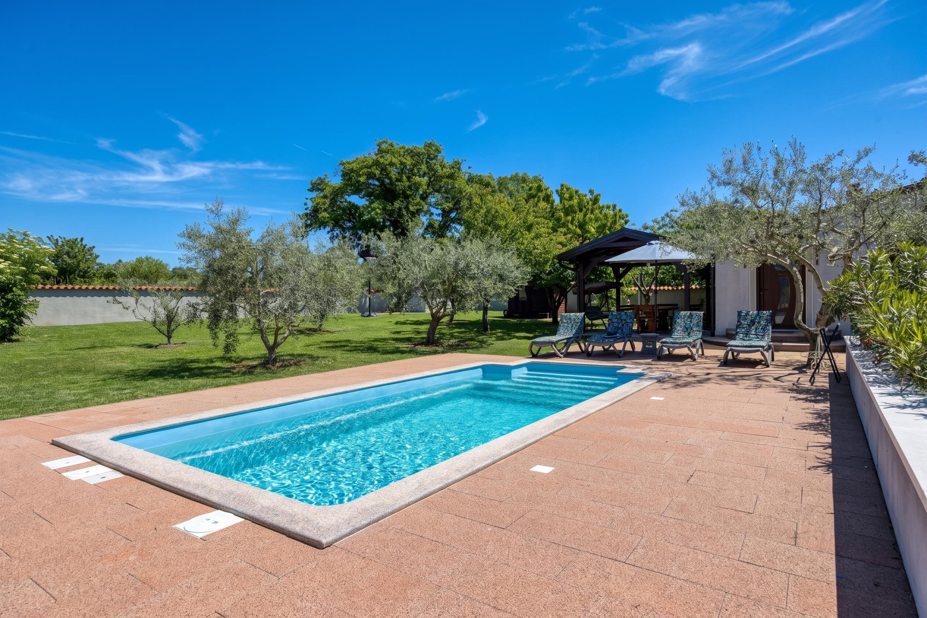 A rectangular swimming pool with a tiled deck, surrounded by a grassy area and trees.