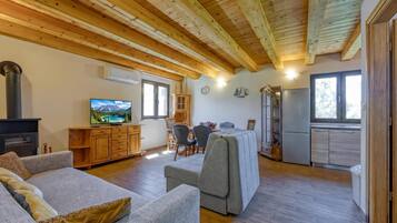 A cozy living room with a fireplace, a television, and a dining area with chairs and a table.