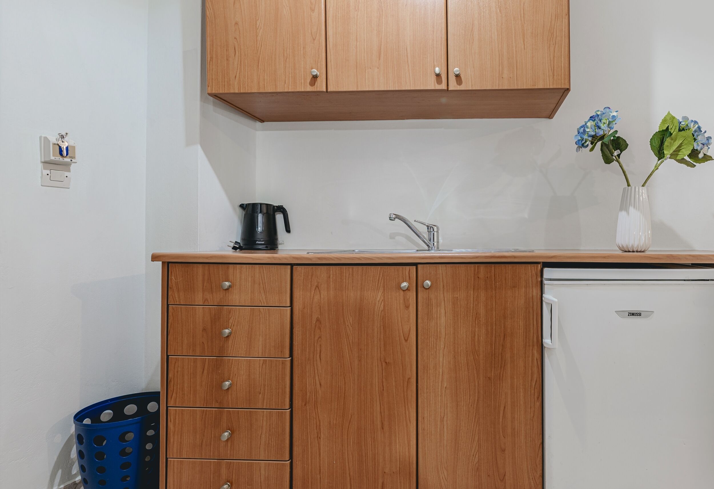 A kitchen with wooden cabinets, a sink, a coffee maker, and a refrigerator.