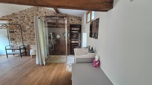 Shower, hair dryer, soap, toilet paper