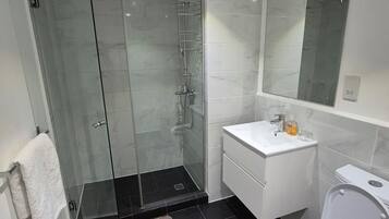 Shower, towels, soap, shampoo