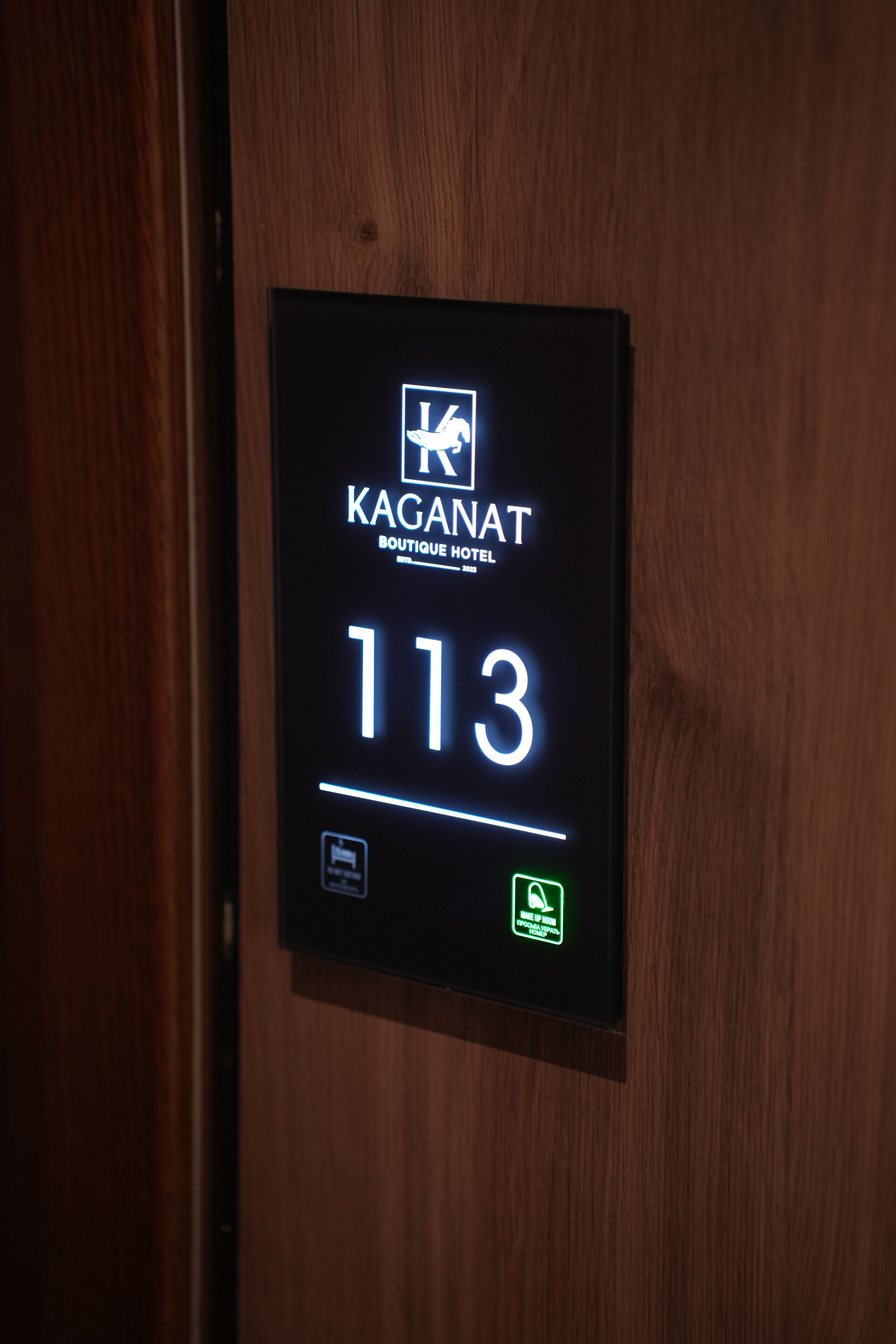 A digital display on a wooden door indicating room number 113 at Kaganat Boutique Hotel.