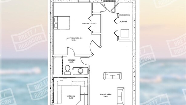 Plano de planta de una residencia con 1 recámara/1 baño, 74 metros cuadrados, que incluye una recámara principal, baño principal, cocina, comedor, sala de estar, vestidor, lavandería y un balcón.