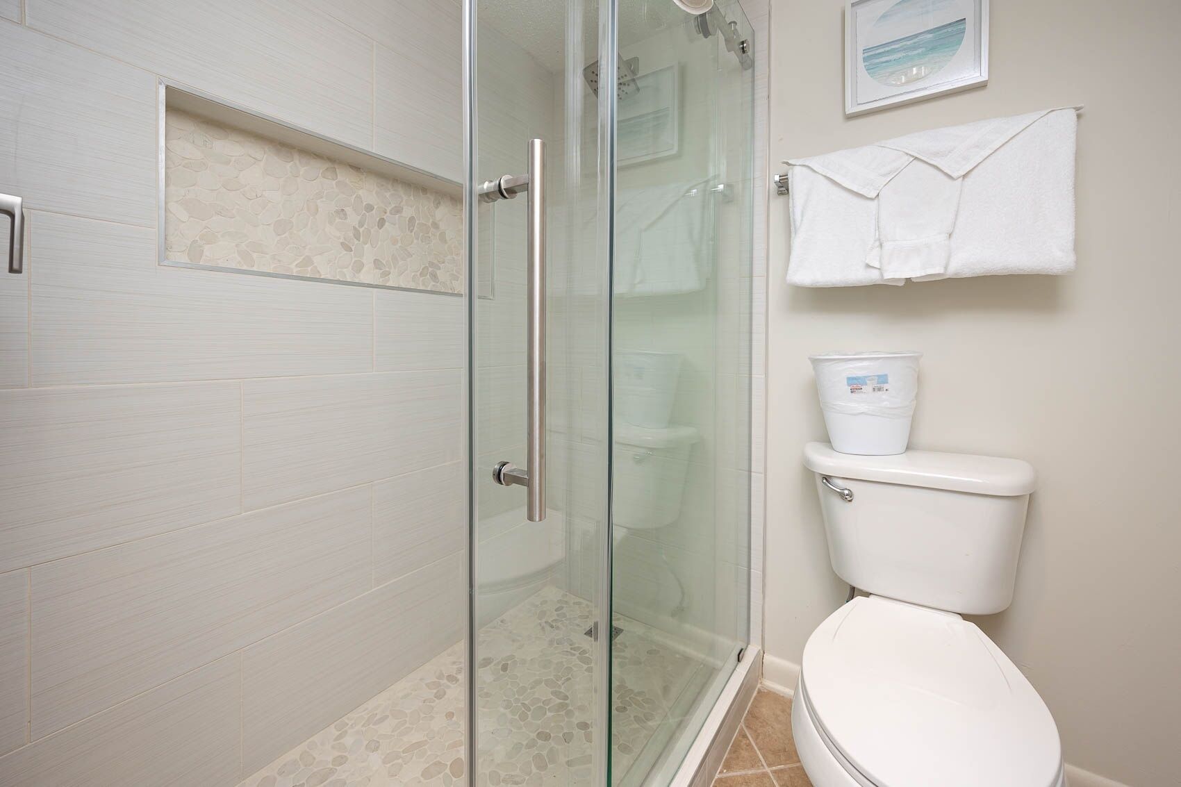 Une salle de bain avec une douche à parois de verre, des toilettes et un tableau encadré au mur.