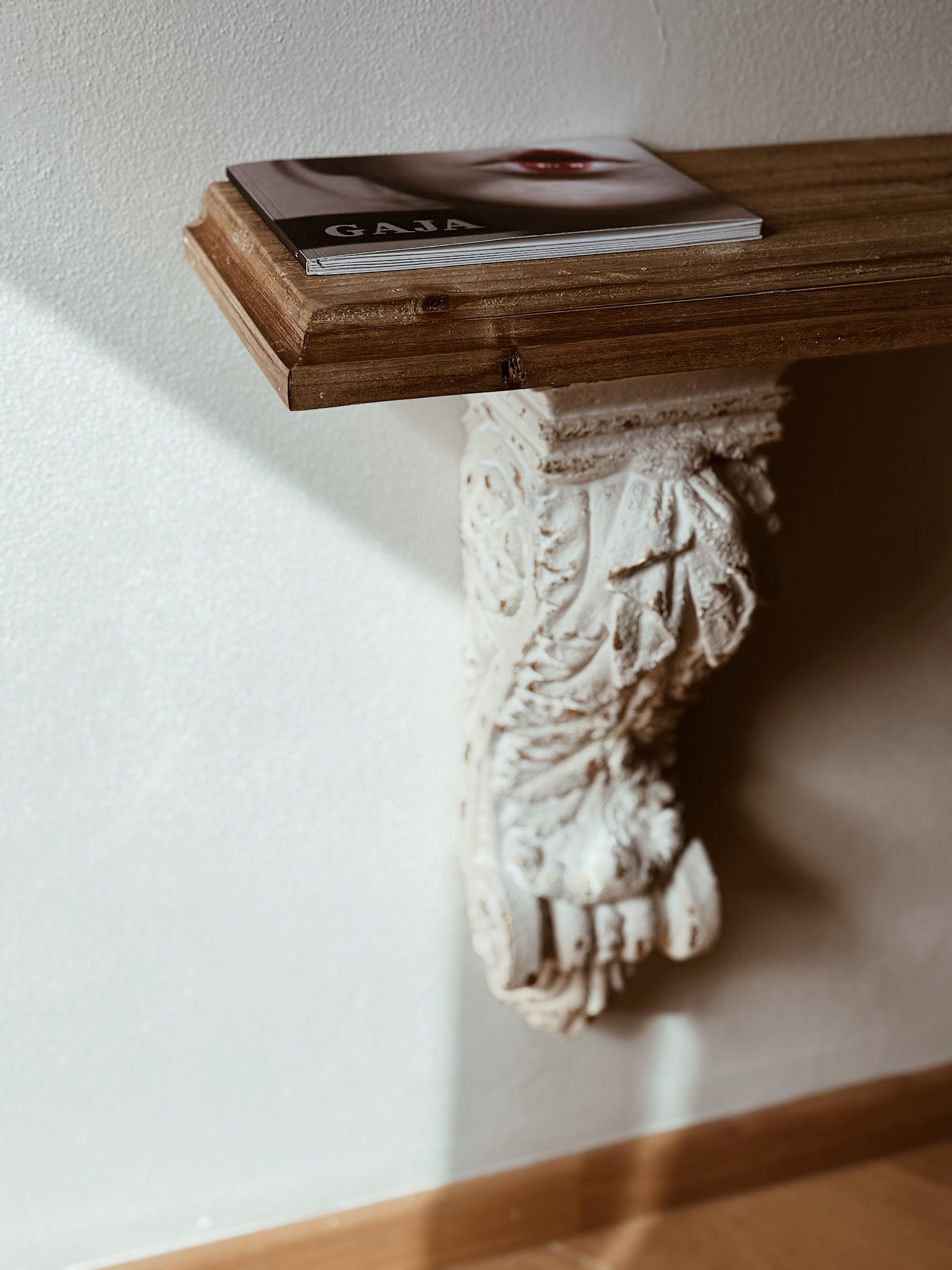 Een houten plank met een boek getiteld 'GAJA' en een decoratieve kolom met gedetailleerde gravures.