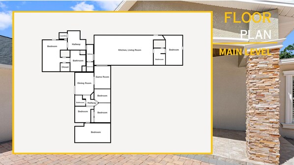 A floor plan of a main level building with labeled rooms including a kitchen, living room, bedrooms, bathrooms, and a dining room. - Stunning 5-Bedroom Lakefront Retreat! (Tampa)
