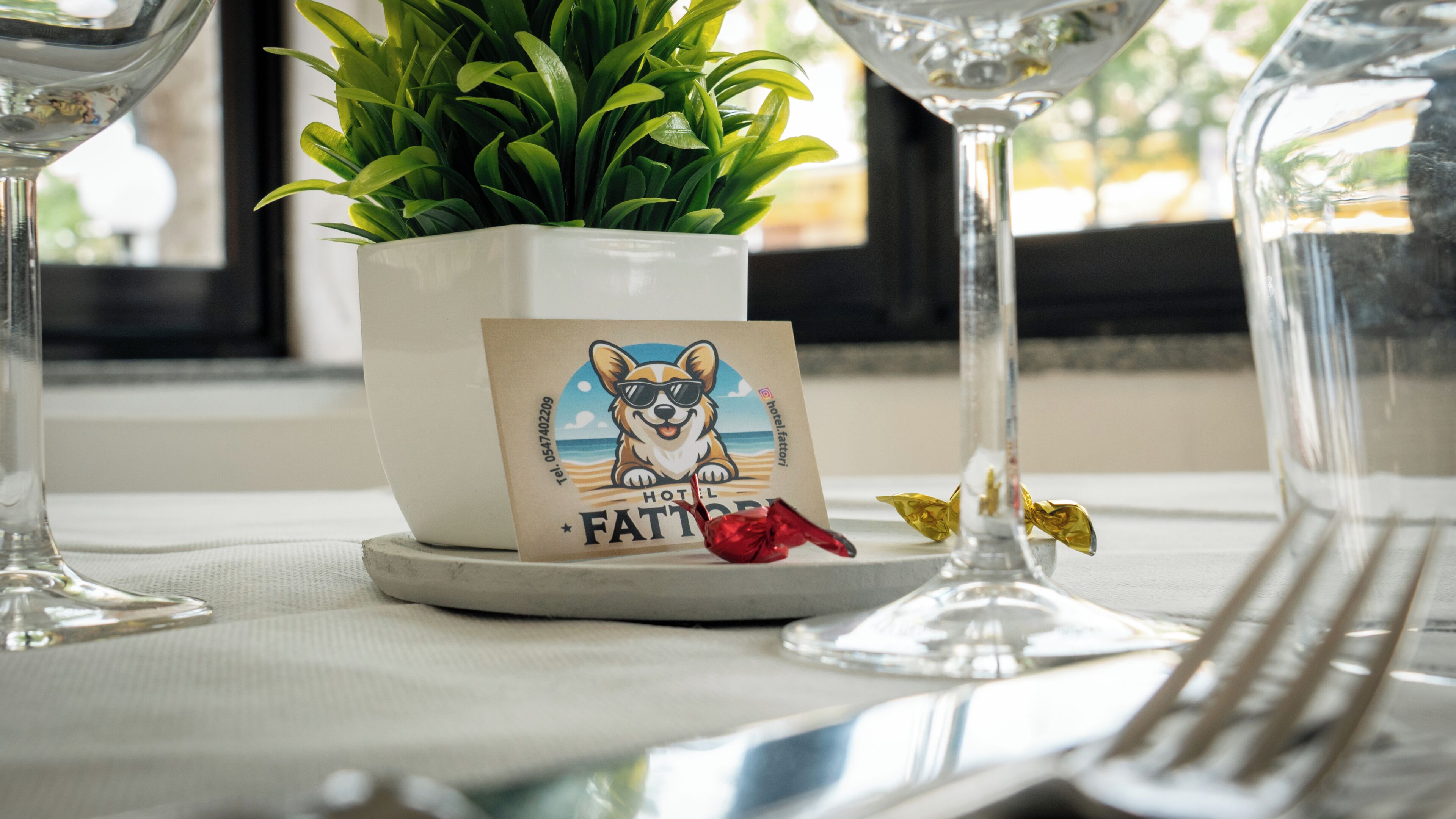 A table setting with a potted plant, a card with a dog illustration, and a decorative item.