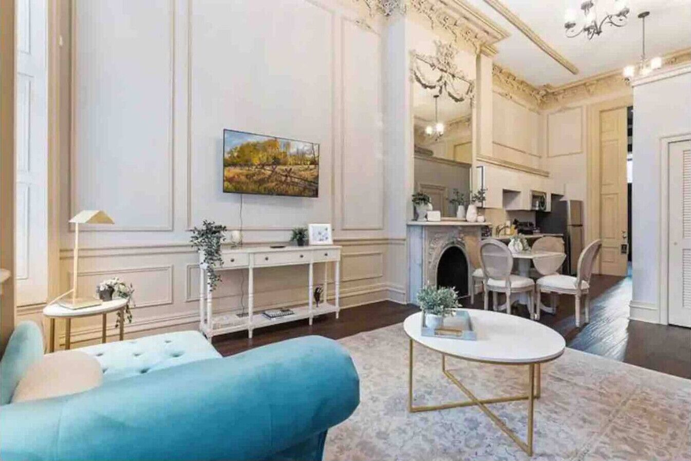 Smart TV, fireplace, books