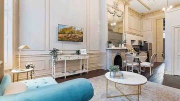 Smart TV, fireplace, books