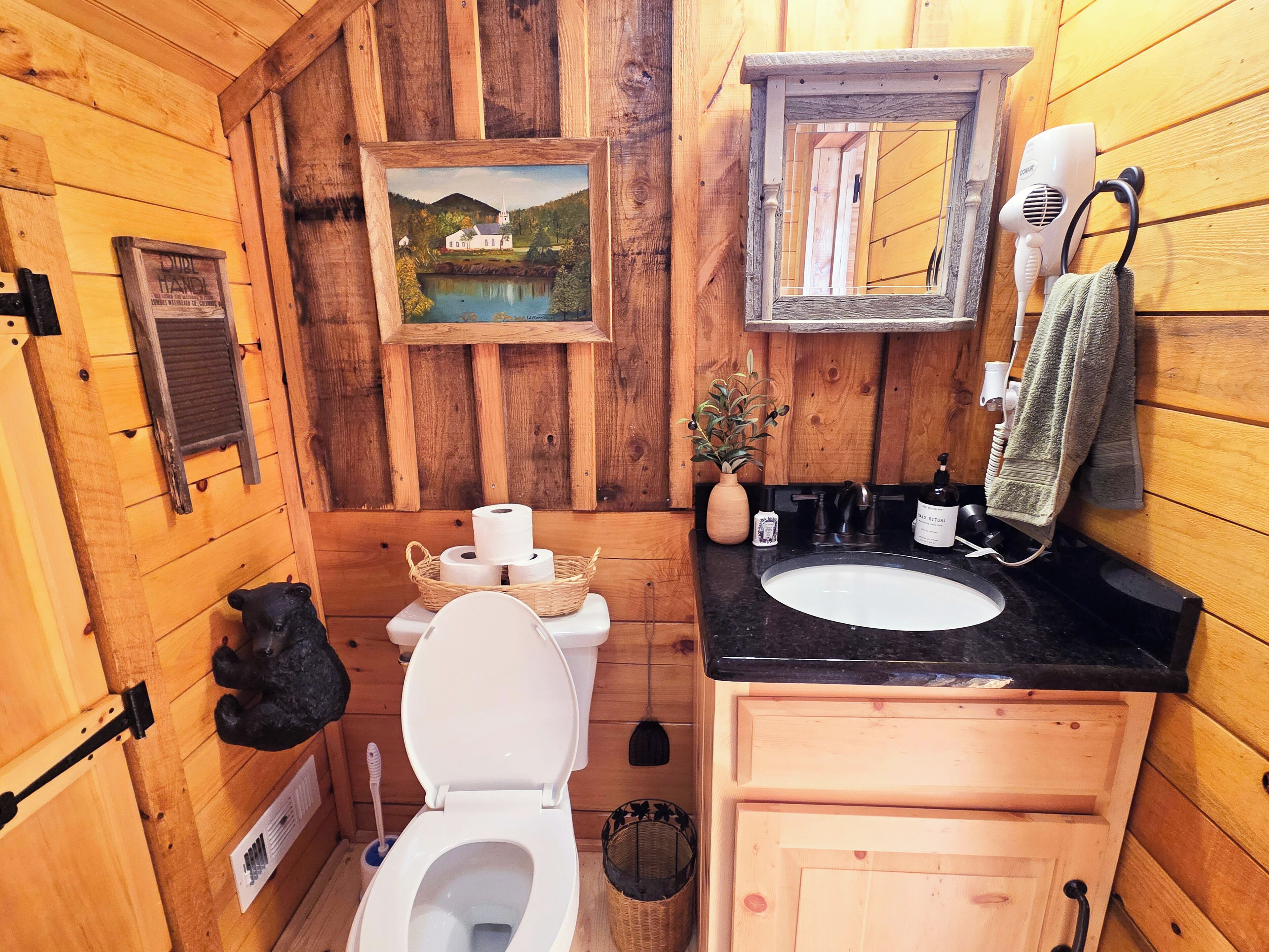 A wooden bathroom with a white toilet, a sink with a black countertop, a framed painting of a landscape, and a hairdryer on the wall.