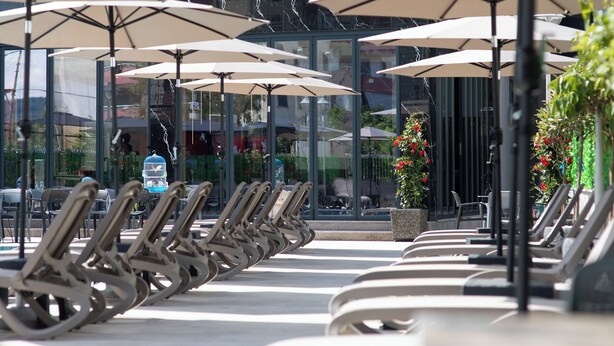 Outdoor seating with umbrellas and chairs, a glass building in the background, and a potted plant with red flowers.