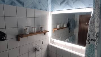 Hair dryer, towels, soap, shampoo