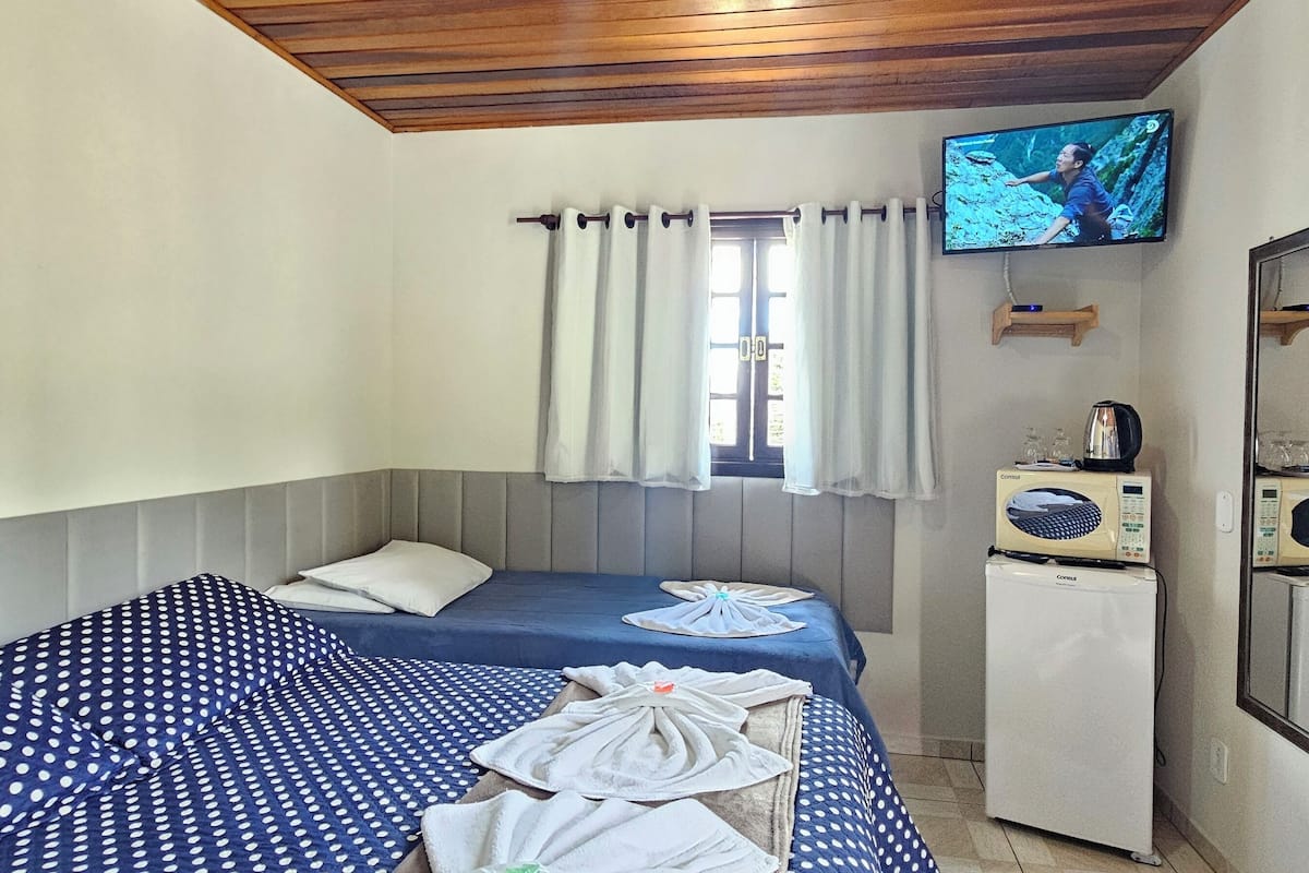 Une chambre avec deux lits, une télévision, un four à micro-ondes et un miroir.