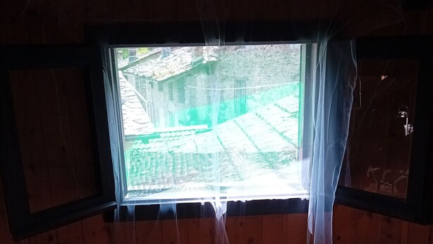 Ein Zimmer mit Fensterblick auf eine grüne Landschaft.