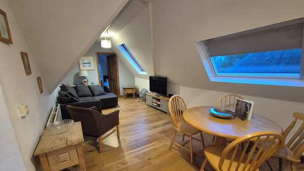 Un espace de vie chaleureux de style loft, comprenant un coin repas, un canapé et un téléviseur.