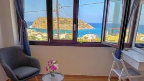 A room with a view of a coastal landscape, a grey armchair, a small table with a vase of flowers, and a white folding chair.