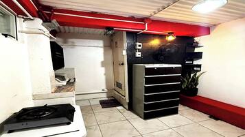 Fridge, stovetop, cookware/dishes/utensils