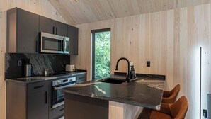 A modern kitchen with dark cabinetry, a stainless steel microwave, a built-in oven, and a granite countertop. There is a window providing a view of greenery outside. - Black Prong Resort (Bronson)