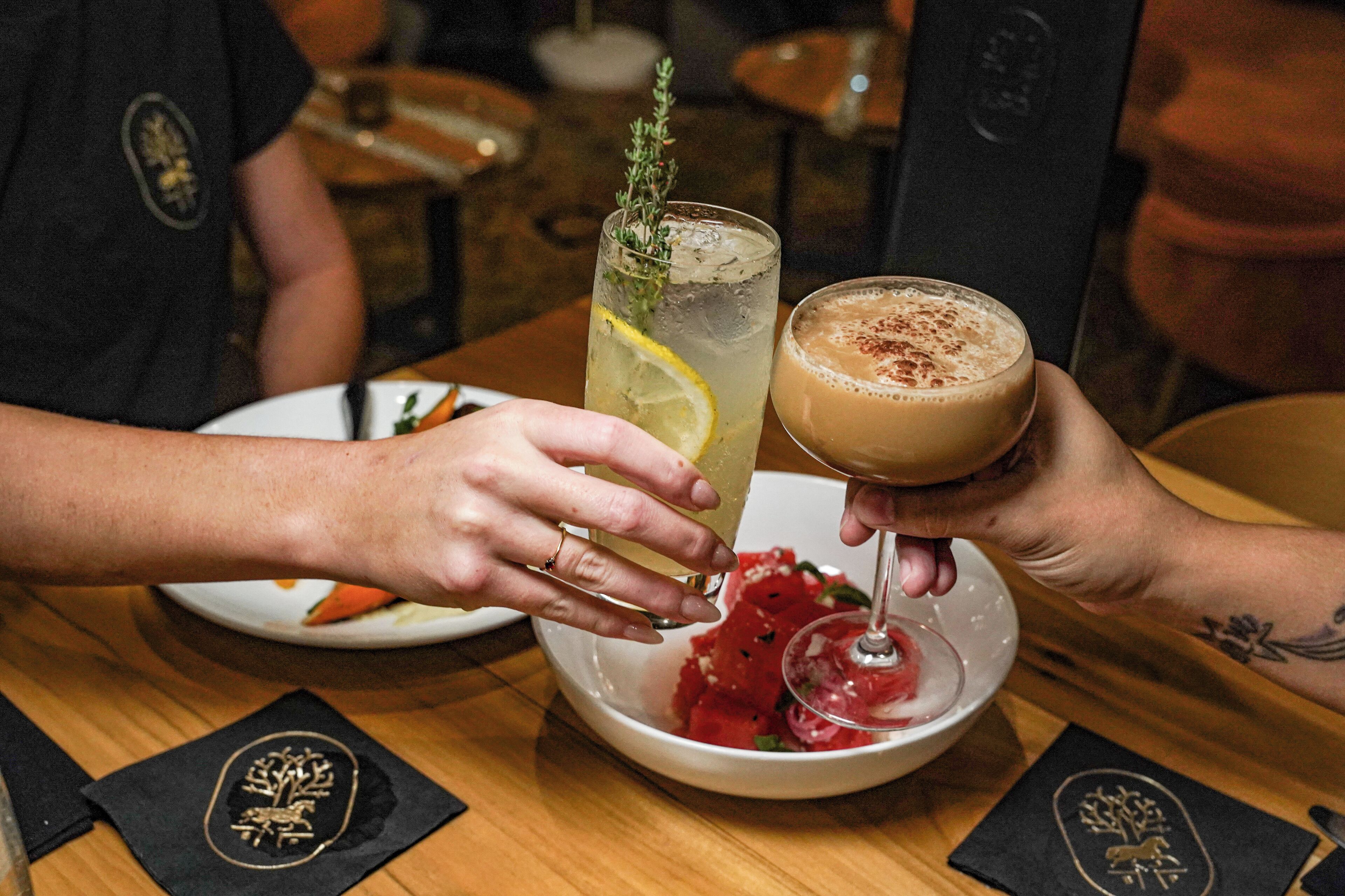 A person holding a glass with a lemon garnish and another with a frothy drink. A bowl of watermelon and a glass of red wine are on the table.