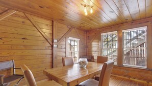 A wooden dining room with a table and chairs, large windows with blinds, and a wooden ceiling.